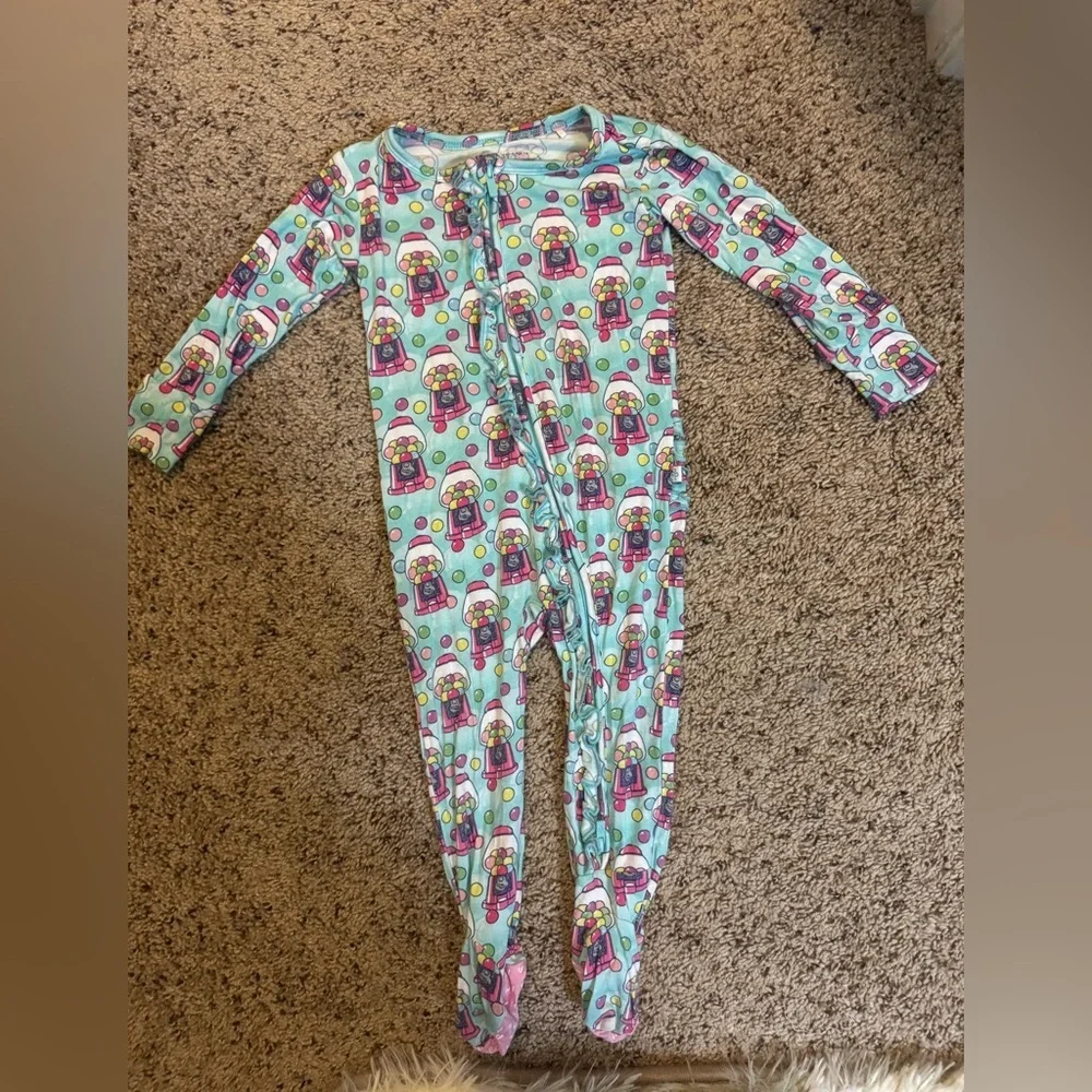 Posh Peanut Aqua and Pink Gumball Ruffle Print Footie